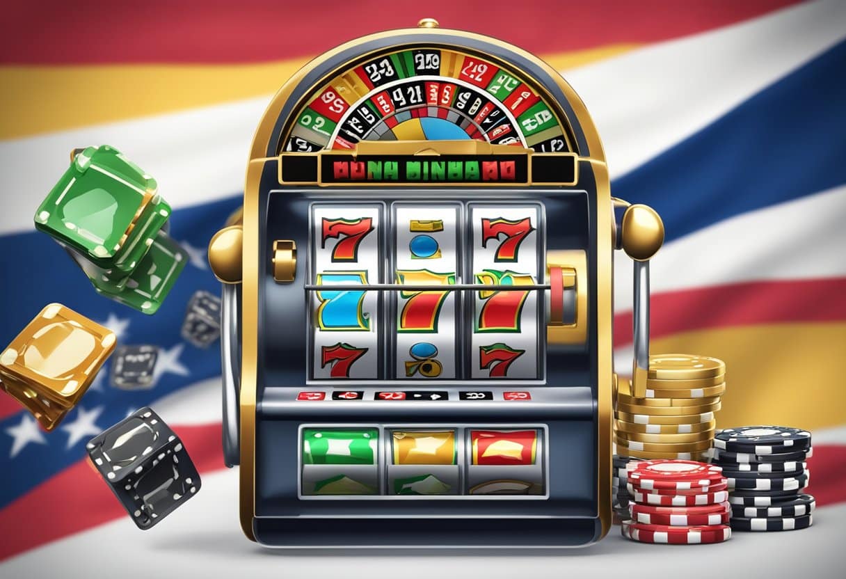 A digital illustration of a casino slot machine evolving into a smartphone with online gambling apps, set against a backdrop of the Pennsylvania state flag