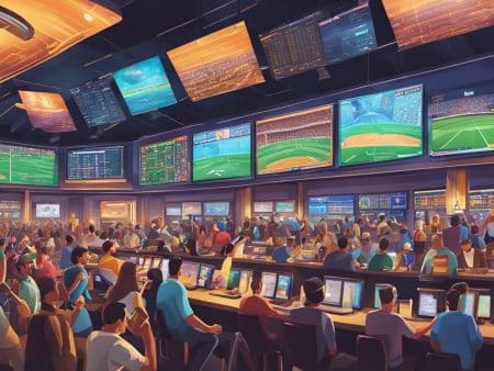 A crowded sports bar buzzes with energy as patrons watch multiple large screens showing live games. Some enthusiasts use tablets and terminals for Kansas sports betting, heightening the excitement around basketball and baseball action.