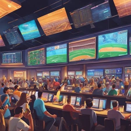 A crowded sports bar buzzes with energy as patrons watch multiple large screens showing live games. Some enthusiasts use tablets and terminals for Kansas sports betting, heightening the excitement around basketball and baseball action.