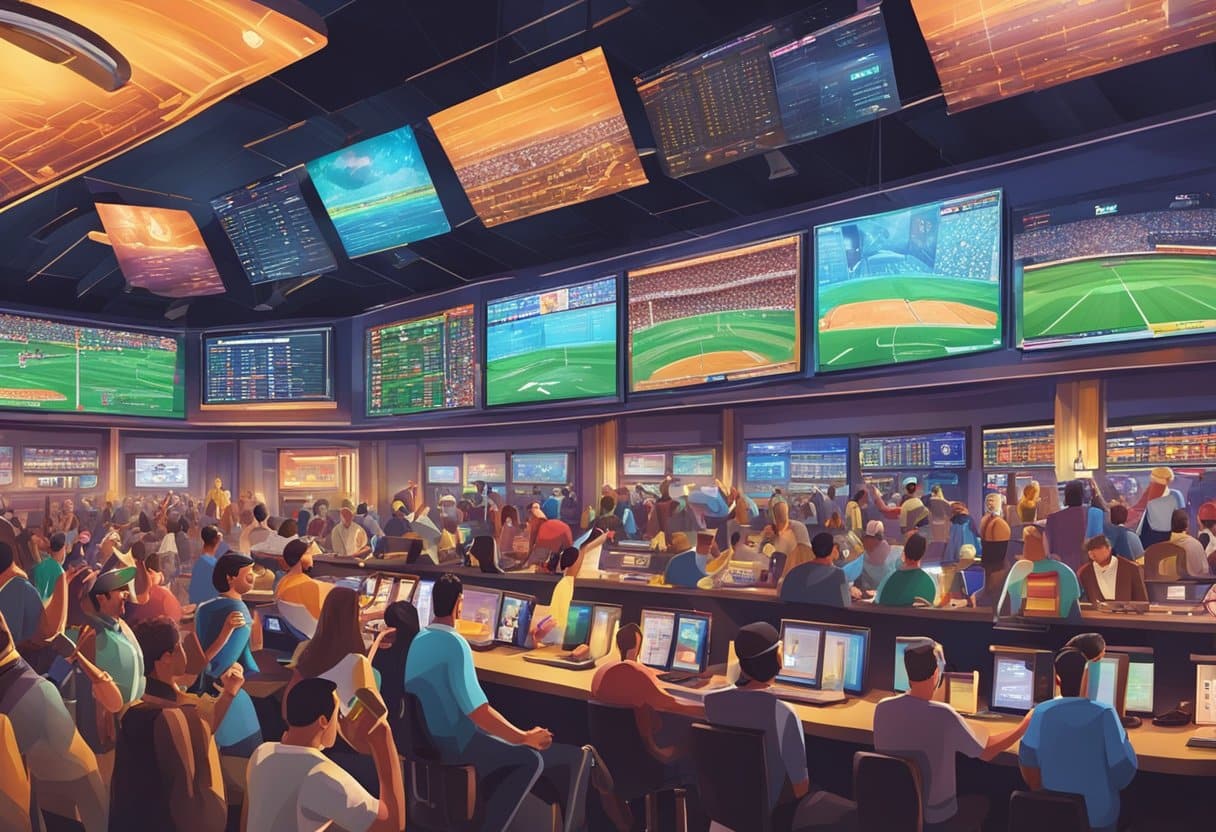 A crowded sports bar buzzes with energy as patrons watch multiple large screens showing live games. Some enthusiasts use tablets and terminals for Kansas sports betting, heightening the excitement around basketball and baseball action. - Poker Training Videos and Poker Coaching A crowded sportsbook with screens showing various sports, fans cheering and placing bets at the counter, and a vibrant atmosphere filled with excitement and anticipation
