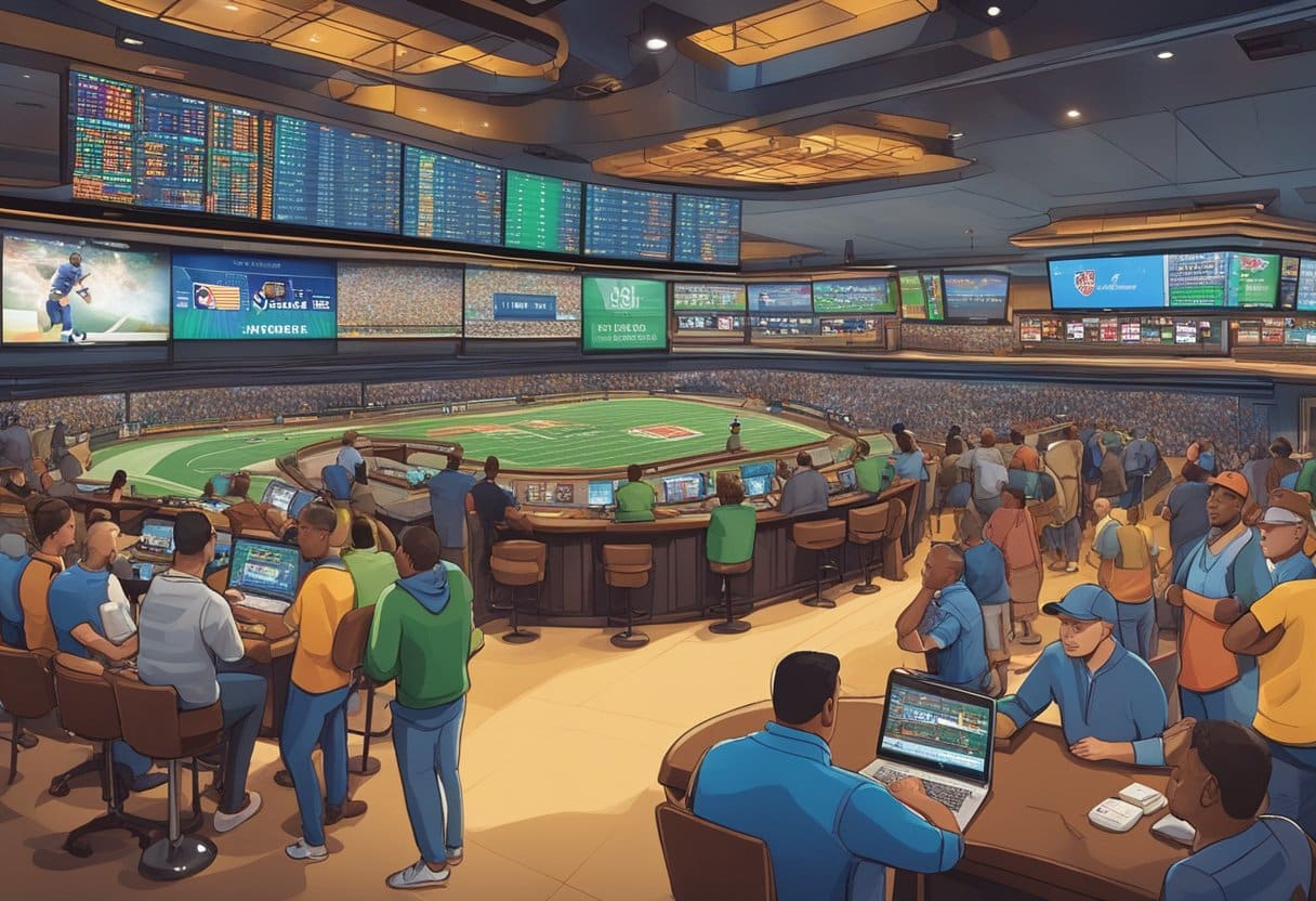 A busy sportsbook with people watching multiple large screens showing live sports and betting odds. Many are seated at counters with laptops and drinks, engaging in Kansas sports betting and basketball betting in a vibrant, modern setting. - Poker Training Videos and Poker Coaching A bustling sportsbook with diverse bettors and various sports displayed on screens, highlighting Kansas' $2.55B sports market beyond football
