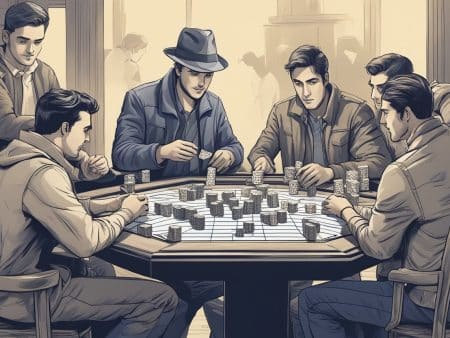Six men sit around a table intensely playing a strategy board game with stacks of chips, evoking the excitement of multi-state gaming. Indoors, the sepia-toned scene features two blurred figures in the background.