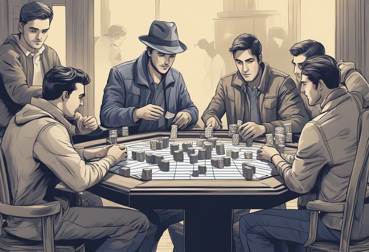 Six men sit around a table intensely playing a strategy board game with stacks of chips, evoking the excitement of multi-state gaming. Indoors, the sepia-toned scene features two blurred figures in the background. - Poker Training Videos and Poker Coaching A group of people from different states gather around a gaming table, exchanging chips and cards. The excitement is palpable as they prepare to play