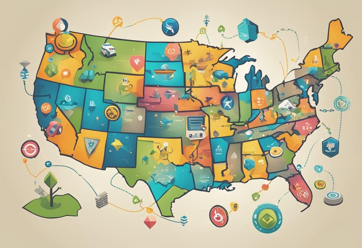 A digital map showing interconnected states with gaming symbols and arrows representing the Multi-State Internet Gaming Agreement (MSIGA) PA's Multi-State Gaming Deal