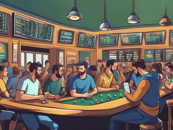 A busy sports bar filled with people at a curved counter, watching multiple screens displaying Kansas sports betting odds and games. Some patrons use smartphones for mobile sports wagering while drinks and snacks line the counter.