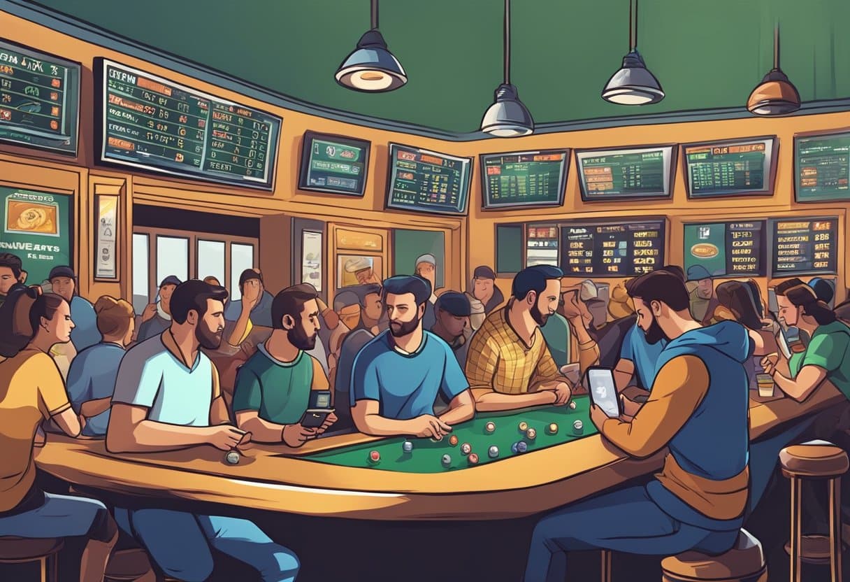 A busy sports bar filled with people at a curved counter, watching multiple screens displaying Kansas sports betting odds and games. Some patrons use smartphones for mobile sports wagering while drinks and snacks line the counter. - Poker Training Videos and Poker Coaching A crowded sports bar with patrons using smartphones to place bets on a big game
