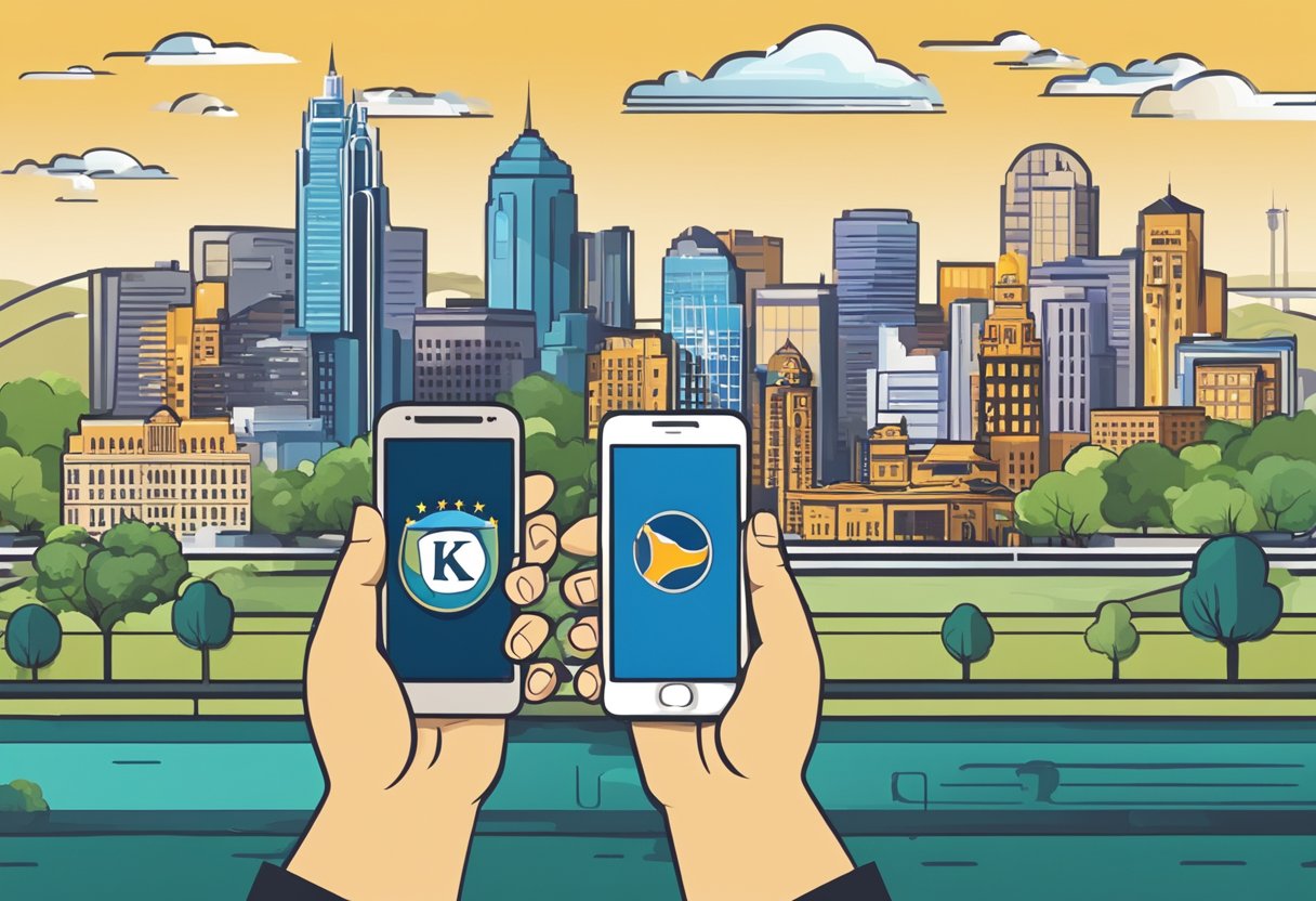 Two hands hold smartphones displaying different sports team logos, hinting at mobile betting, against a cityscape backdrop with tall buildings, trees, and a cloudy sky. - Poker Training Videos and Poker Coaching A bustling Kansas city skyline with smartphones dominating the landscape, symbolizing the rise of mobile betting in the state