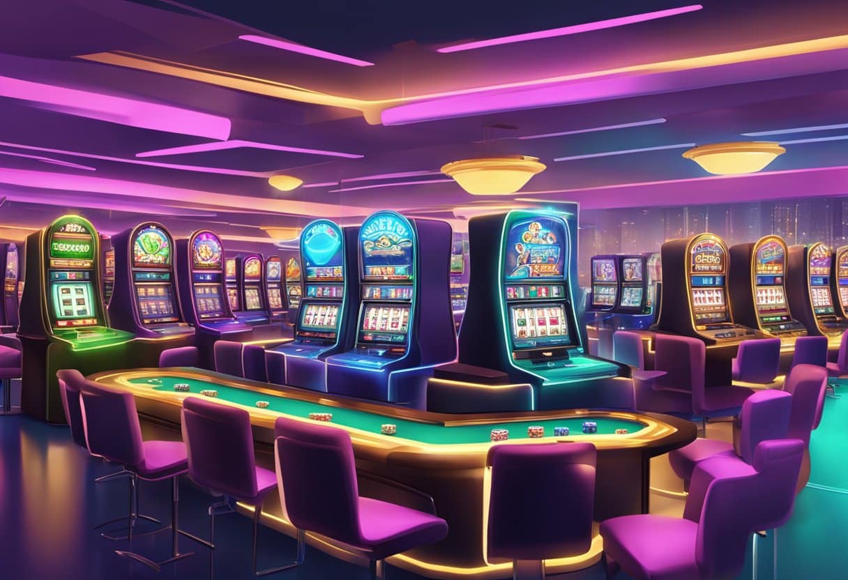 A bustling online casino with flashing lights and digital slot machines, outpacing a quiet sportsbook with empty betting windows