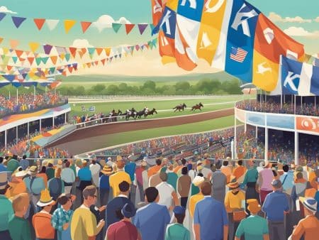 A lively crowd watches a horse race at a stadium decorated with colorful flags and banners. As horses and jockeys speed around the track, spectators discuss Peak Seasons Betting strategies under a bright, sunny sky.