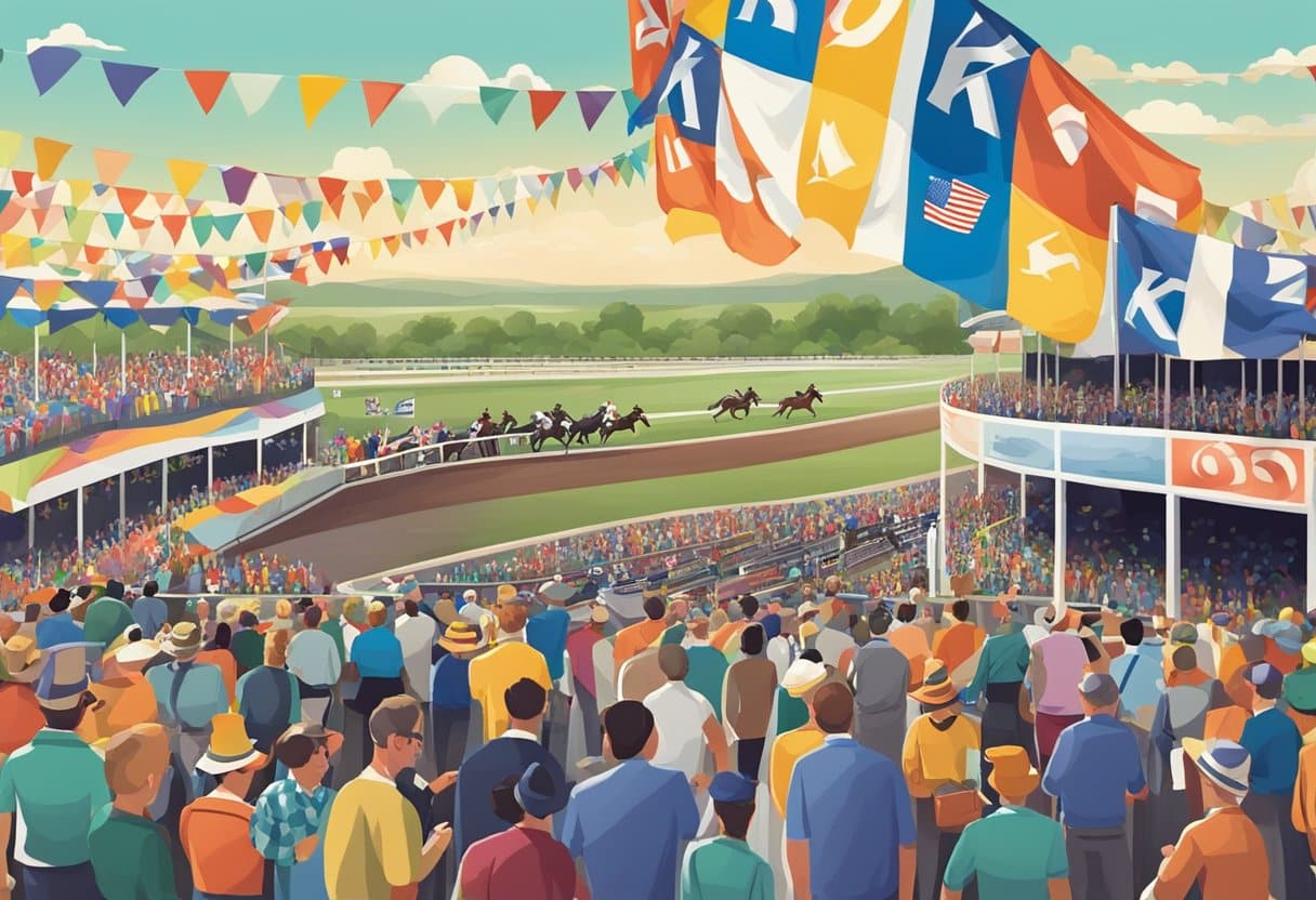 A lively crowd watches a horse race at a stadium decorated with colorful flags and banners. As horses and jockeys speed around the track, spectators discuss Peak Seasons Betting strategies under a bright, sunny sky. - Poker Training Videos and Poker Coaching A bustling Kansas racetrack with excited spectators placing bets at various booths and a backdrop of colorful banners and flags fluttering in the wind