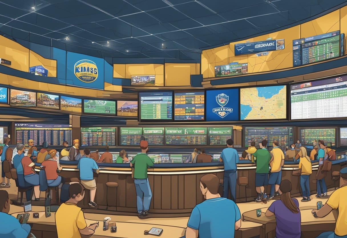 A bustling sportsbook with patrons placing bets. TVs display various games. A large map of Kansas hangs on the wall, highlighting key sports venues