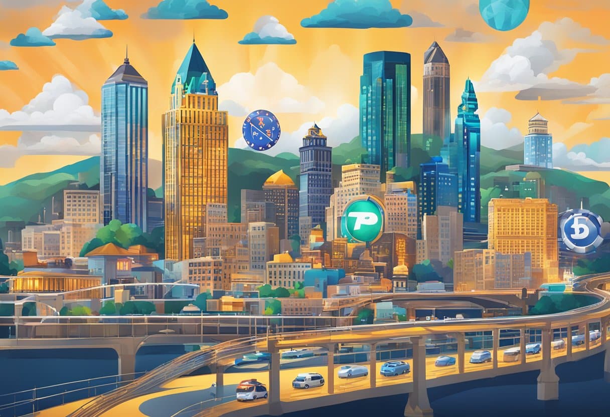 A bustling Pennsylvania city skyline with iconic tech company logos interwoven with casino and gambling symbols