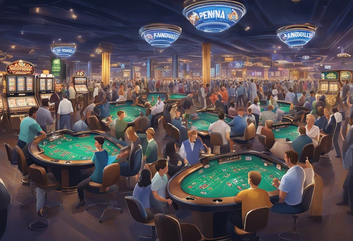 A busy casino floor filled with people playing at green poker and blackjack tables, surrounded by slot machines and illuminated signs, captures the lively energy of PA gambling much like the excitement found on FanDuel. - Poker Training Videos and Poker Coaching A crowded casino floor with Penn National and FanDuel logos competing for attention among slot machines and gaming tables