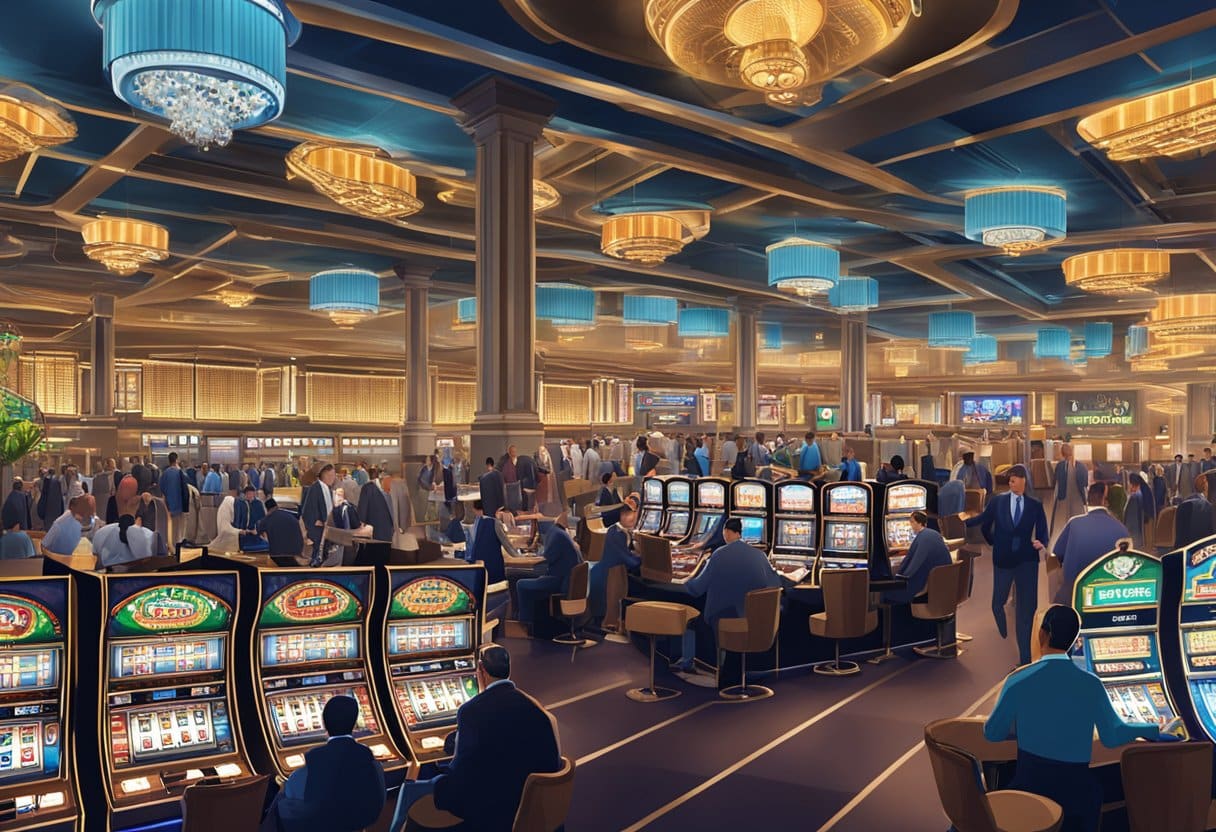 A bustling casino floor with Penn National and FanDuel logos competing for attention among rows of slot machines and card tables