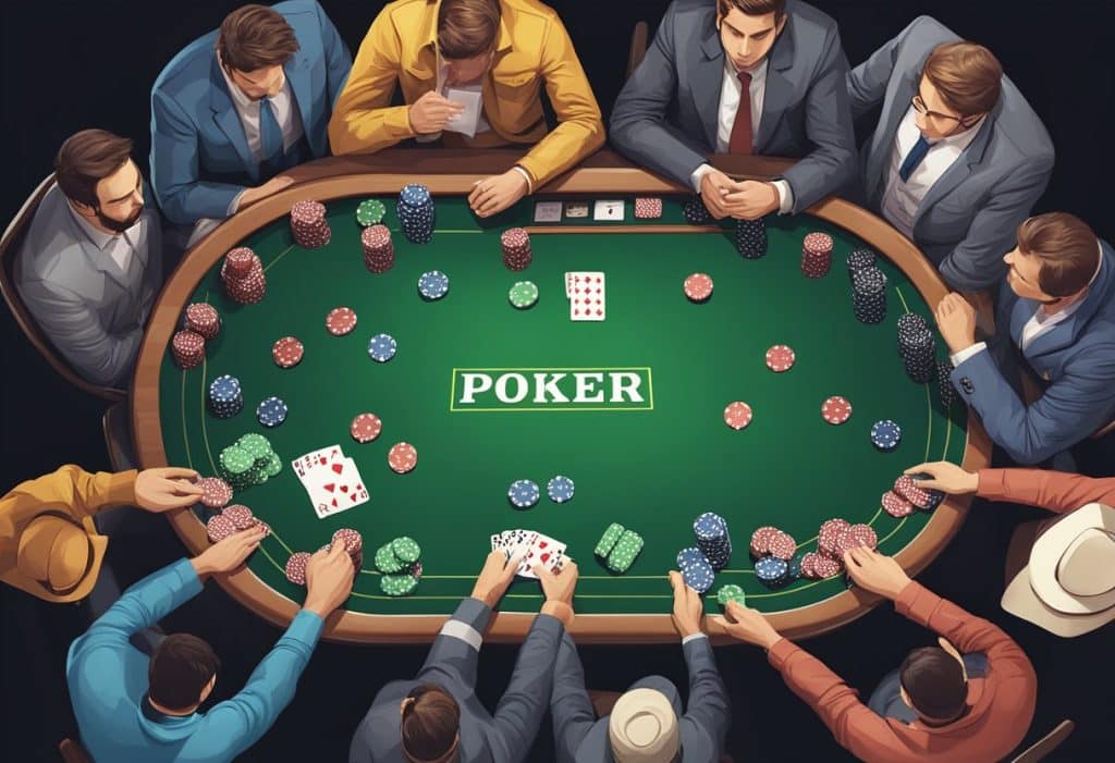 A group of men in suits and hats sit around a green poker table covered with chips and cards, concentrating on the game and using poker math to gain a strategic advantage, viewed from above.