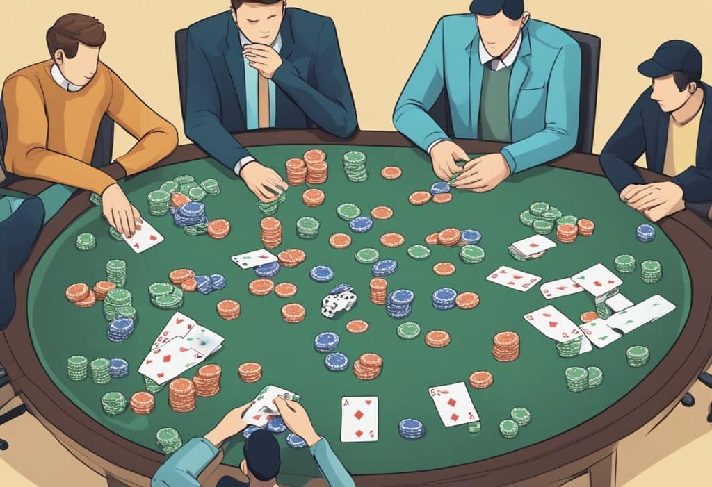 Five people sit around a green poker table covered with colorful chips, playing cards, and two dice, each player holding cards and focusing on the game for a real-time strategic advantage. - Poker Training Videos and Poker Coaching Five people sit around a green poker table covered with colorful chips, playing cards, and two dice, each player holding cards and focusing on the game for a real-time strategic advantage.