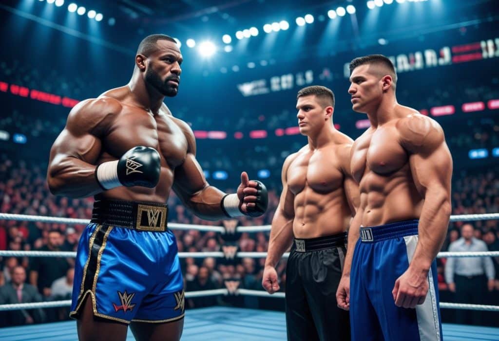 Three muscular male wrestlers stand in a brightly lit WWE ring, one in blue shorts and boxing gloves faces two shirtless opponents in blue and white pants, as the crowd watches the intense moment unfold. - Poker Training Videos and Poker Coaching Three muscular male wrestlers stand in a brightly lit WWE ring, one in blue shorts and boxing gloves faces two shirtless opponents in blue and white pants, as the crowd watches the intense moment unfold.
