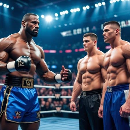 Three muscular male wrestlers stand in a brightly lit WWE ring, one in blue shorts and boxing gloves faces two shirtless opponents in blue and white pants, as the crowd watches the intense moment unfold.