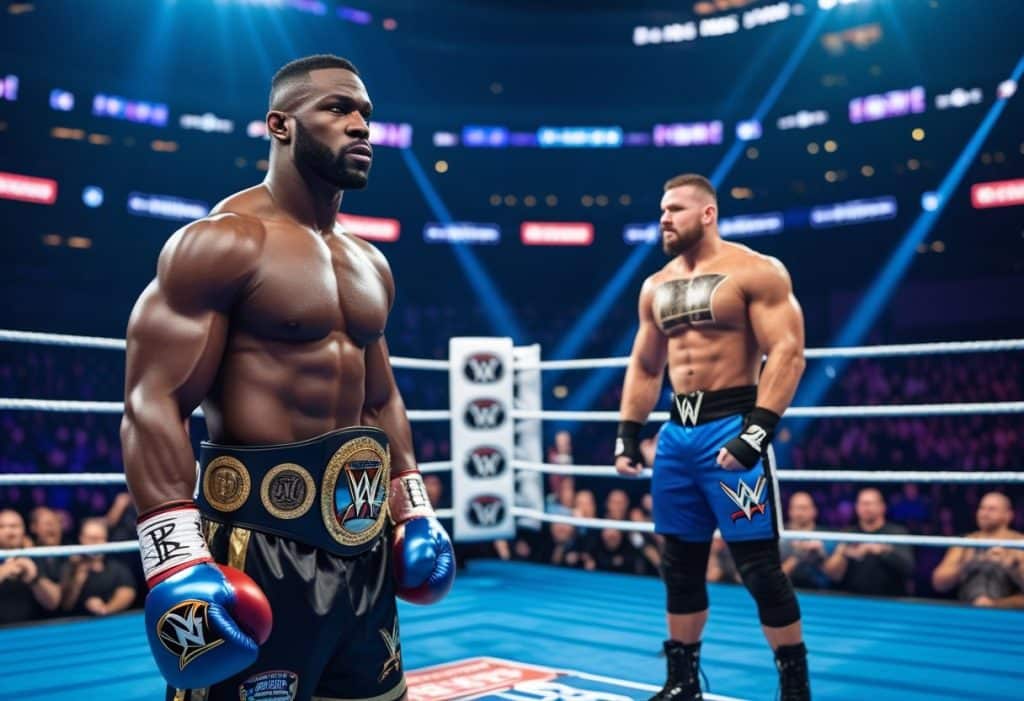 Two muscular male wrestlers, one inspired by WWE and the other resembling Roy Jones Jr, face off in a brightly lit ring. One wears a championship belt and boxing gloves, the other in blue trunks and boots. The arena buzzes with spectators and colorful lights.