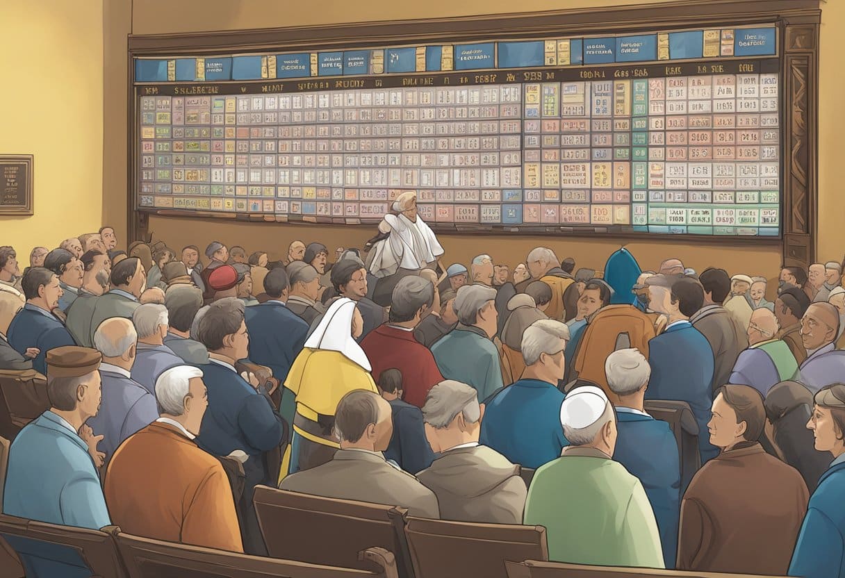 A large group of people, many in religious attire, sit facing a wall-sized board displaying names and numbers—likely tracking Sportsbook Odds for the Next Pope—suggesting an important papal succession event is taking place. - Poker Training Videos and Poker Coaching A bookmaker's odds board with "Next Pope" prominently displayed, surrounded by people placing bets and watching intently