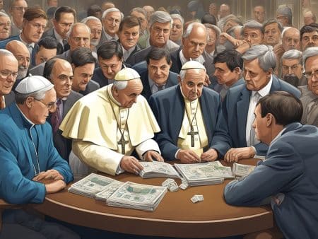 A group of Catholic clergy, including popes and bishops, sit around a table covered in large stacks of money, appearing serious and engaged in discussion about Papal Succession, while others stand behind them watching closely.