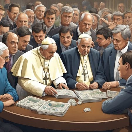 A group of Catholic clergy, including popes and bishops, sit around a table covered in large stacks of money, appearing serious and engaged in discussion about Papal Succession, while others stand behind them watching closely.