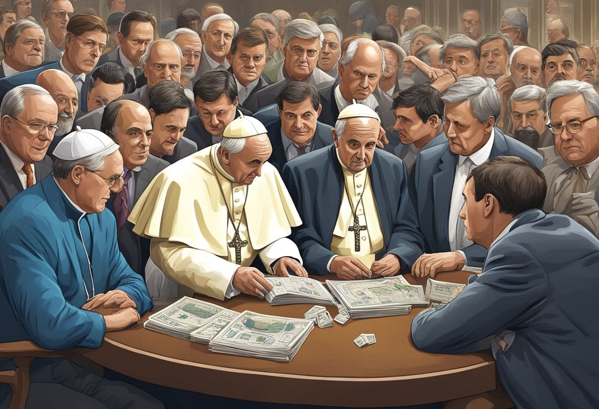 A group of Catholic clergy, including popes and bishops, sit around a table covered in large stacks of money, appearing serious and engaged in discussion about Papal Succession, while others stand behind them watching closely. - Poker Training Videos and Poker Coaching A group of sportsbooks displaying odds for the next pope, surrounded by curious onlookers