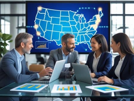 Four business professionals in suits sit around a table with laptops and charts, discussing multi-state online betting in a modern office. A large screen behind them shows a 2025 map of the United States with data points and Interstate Gambling Compact graphs.
