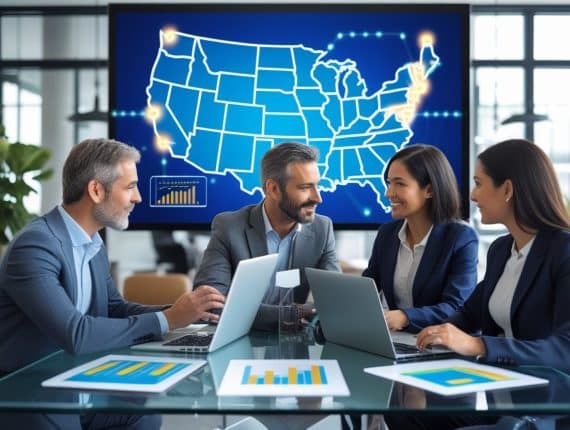 Four business professionals in suits sit around a table with laptops and charts, discussing multi-state online betting in a modern office. A large screen behind them shows a 2025 map of the United States with data points and Interstate Gambling Compact graphs.