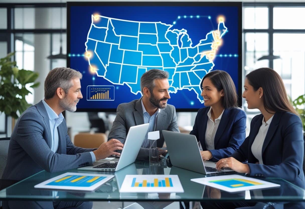 Four business professionals in suits sit around a table with laptops and charts, discussing multi-state online betting in a modern office. A large screen behind them shows a 2025 map of the United States with data points and Interstate Gambling Compact graphs. - Poker Training Videos and Poker Coaching Three professionals discussing gambling regulations around a table with digital devices and a map of the United States on a screen in a modern office.
