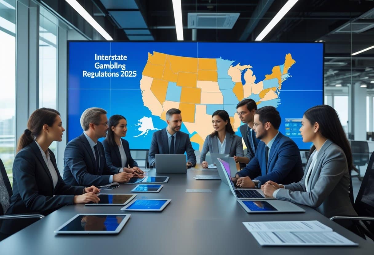 A group of business professionals sits around a conference table with laptops and tablets, discussing Multi-State online betting regulations in 2025, as shown on a large map of the United States displayed behind them. - Poker Training Videos and Poker Coaching A group of business professionals discussing interstate gambling regulations around a conference table with digital devices and a map of the United States displayed on a screen.