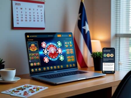 A laptop and smartphone on a desk display Online Gambling Texas games. Nearby sit a cup of coffee, playing cards, poker chips, an American flag, and a 2025 Legal Updates calendar. Sunlight streams through the blinds.