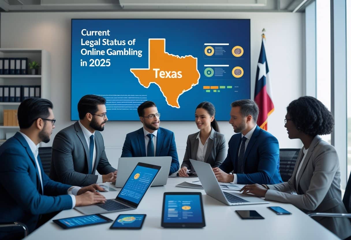 Six professionals sit around a conference table with laptops, discussing Online Gambling Texas. A large screen displays a map of Texas and the title, 2025 Legal Updates: Current Legal Status of Online Gambling in Texas. - Poker Training Videos and Poker Coaching Business professionals discussing online gambling regulations around a conference table with digital devices and a map of Texas in the background.