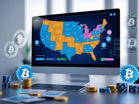 A computer screen displays a U.S. map with states in blue and orange, surrounded by digital Bitcoin symbols and gold coins, suggesting a state-by-state analysis of the crypto gambling legal regulatory landscape across different states.