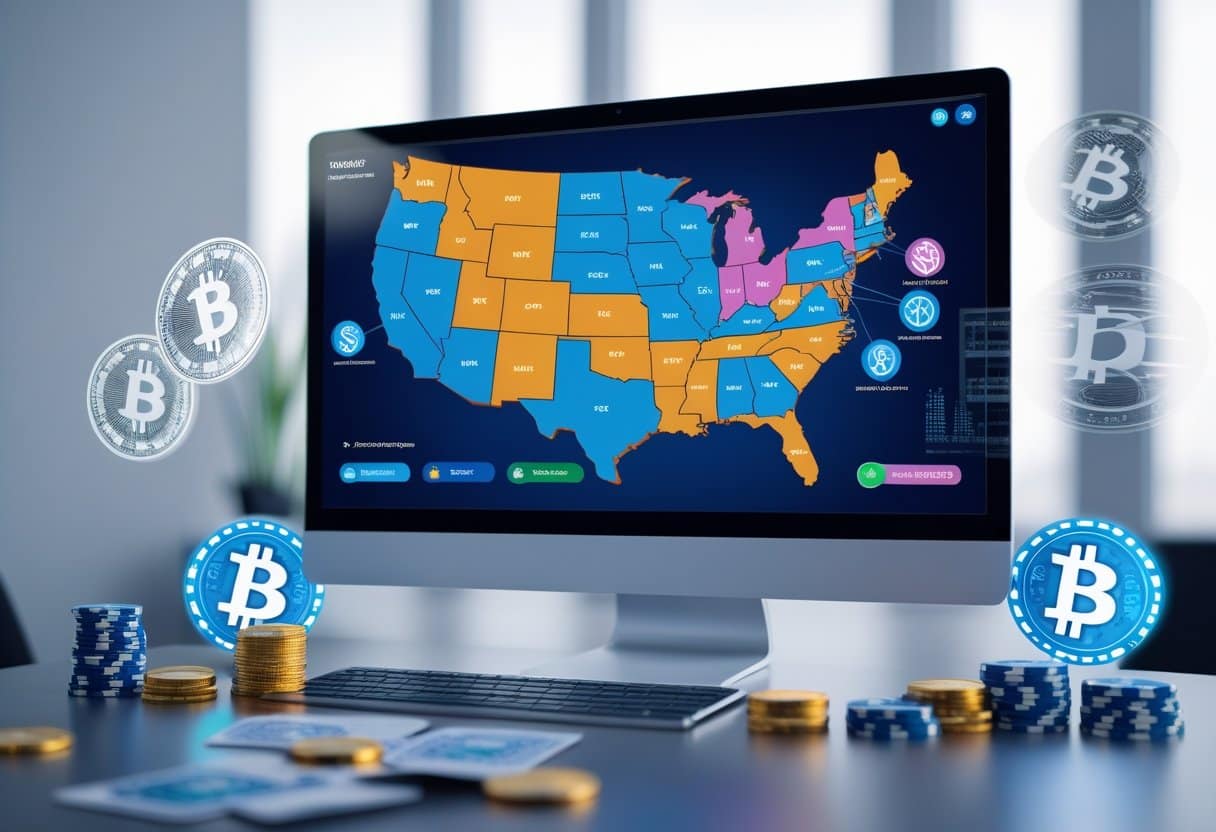 A computer screen displays a U.S. map with states in blue and orange, surrounded by digital Bitcoin symbols and gold coins, suggesting a state-by-state analysis of the crypto gambling legal regulatory landscape across different states. - Poker Training Videos and Poker Coaching A workspace showing a computer screen with a colorful map of the United States and symbols of cryptocurrency and gambling on a desk.