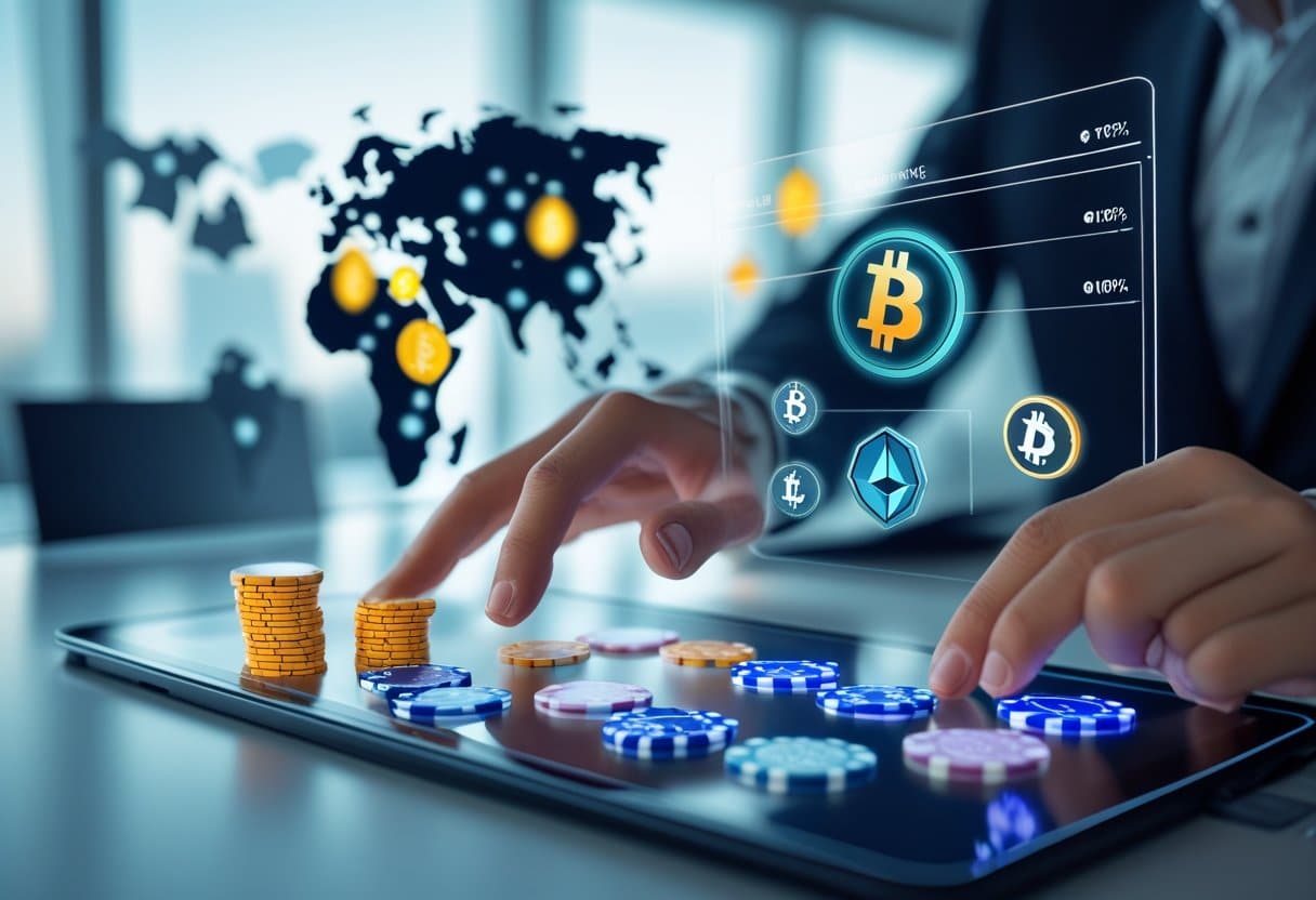 Hands interacting with a touchscreen showing cryptocurrency and gambling icons with a map highlighting different states in the background.
