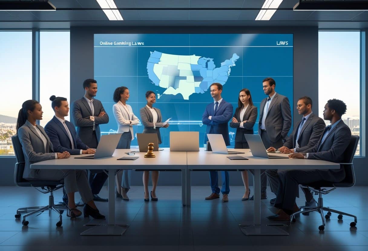 A group of business professionals in formal attire gather around a conference table in a modern office, with a large screen behind them displaying U.S. gambling laws and 2025 regulations, highlighting Washington State online gambling. - Poker Training Videos and Poker Coaching A group of professionals discussing online gambling laws around a conference table with a digital map of Washington State displayed on a screen.
