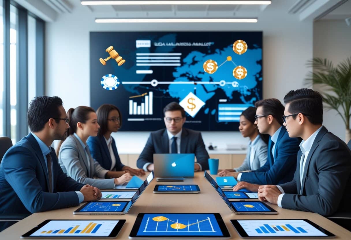 A group of business professionals in suits sit around a conference table with tablets displaying graphs, while a large screen shows financial icons, charts, and key provisions related to an Online Poker Bill in the background. - Poker Training Videos and Poker Coaching A group of business professionals discussing online poker legislation around a conference table with laptops and tablets in a modern office.