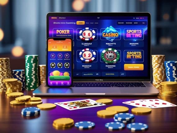 A laptop and smartphone display online gambling games for real money, surrounded by poker chips, gold coins, and playing cards on a table, creating a vibrant gambling scene full of excitement and chances of winning big.