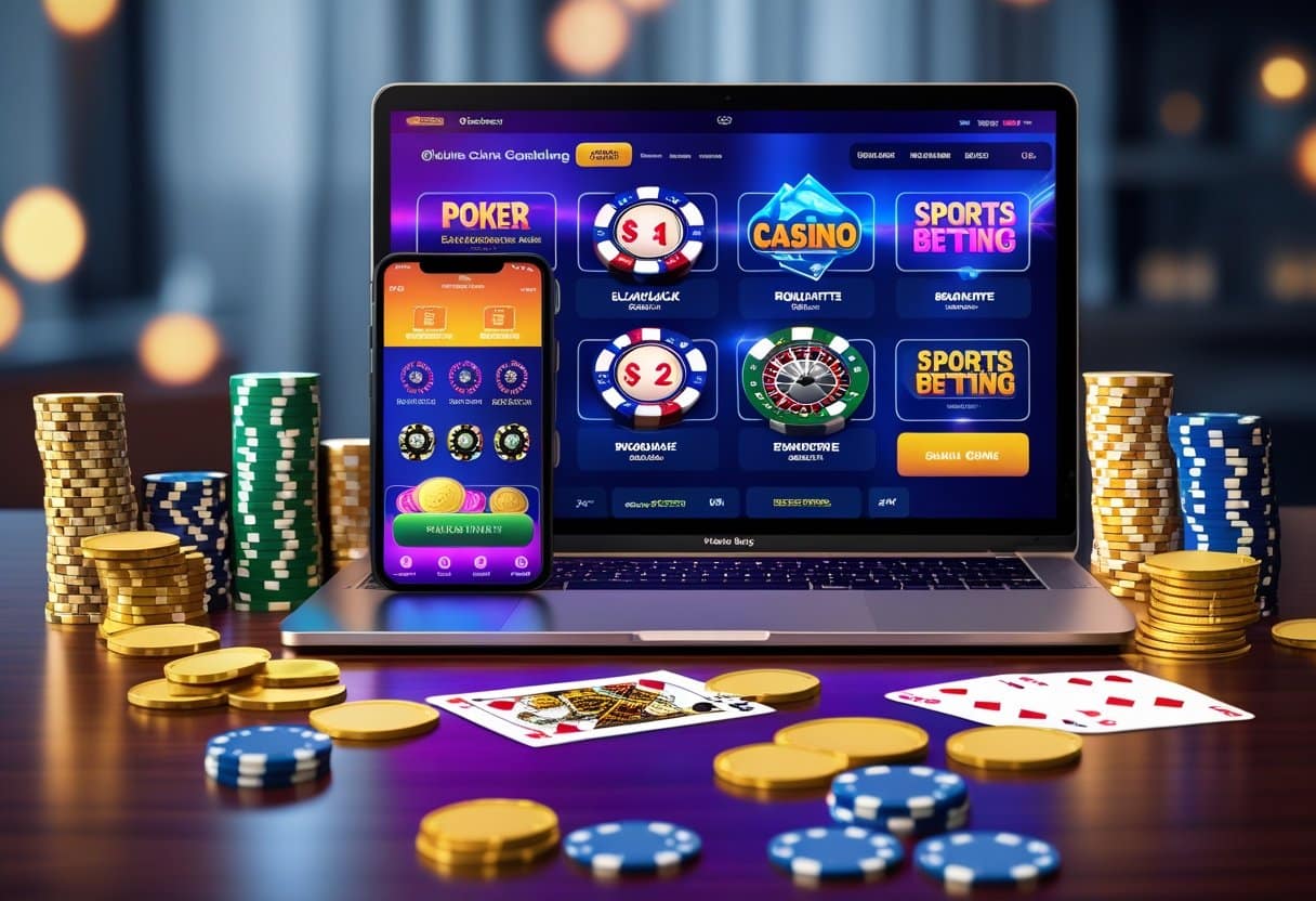 A laptop and smartphone display online gambling games for real money, surrounded by poker chips, gold coins, and playing cards on a table, creating a vibrant gambling scene full of excitement and chances of winning big. - Poker Training Videos and Poker Coaching A laptop and smartphone on a desk displaying various online gambling games with poker chips, playing cards, dice, and coins around them.