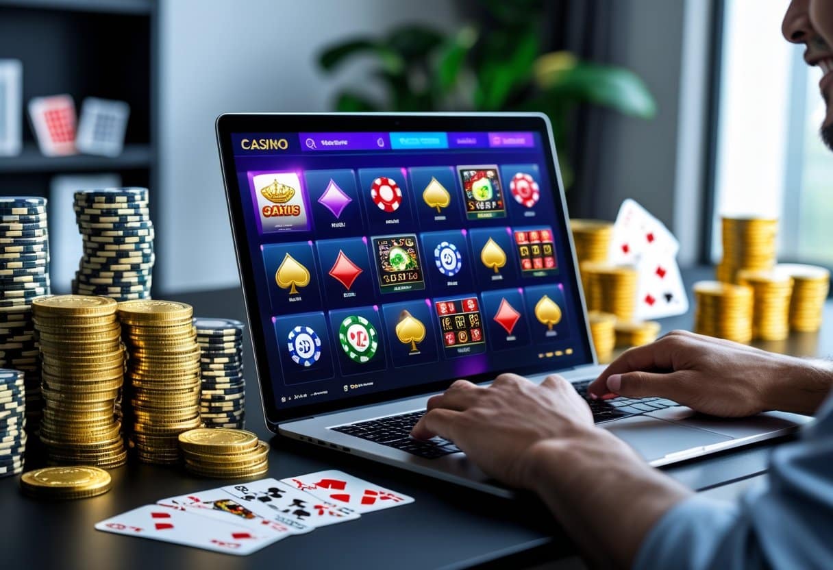 A person using a laptop with online gambling games displayed, surrounded by cash, poker chips, and coins on a desk.