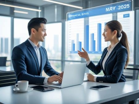 Two business professionals in an office discuss financial data on a screen labeled Financial Bonus Analysis, May 2025. At the table with a laptop and coffee, they review legitimate free offers and real withdrawals as part of their analysis.