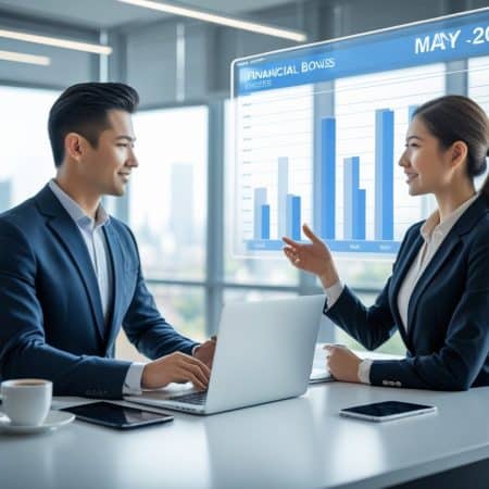 Two business professionals in an office discuss financial data on a screen labeled Financial Bonus Analysis, May 2025. At the table with a laptop and coffee, they review legitimate free offers and real withdrawals as part of their analysis.