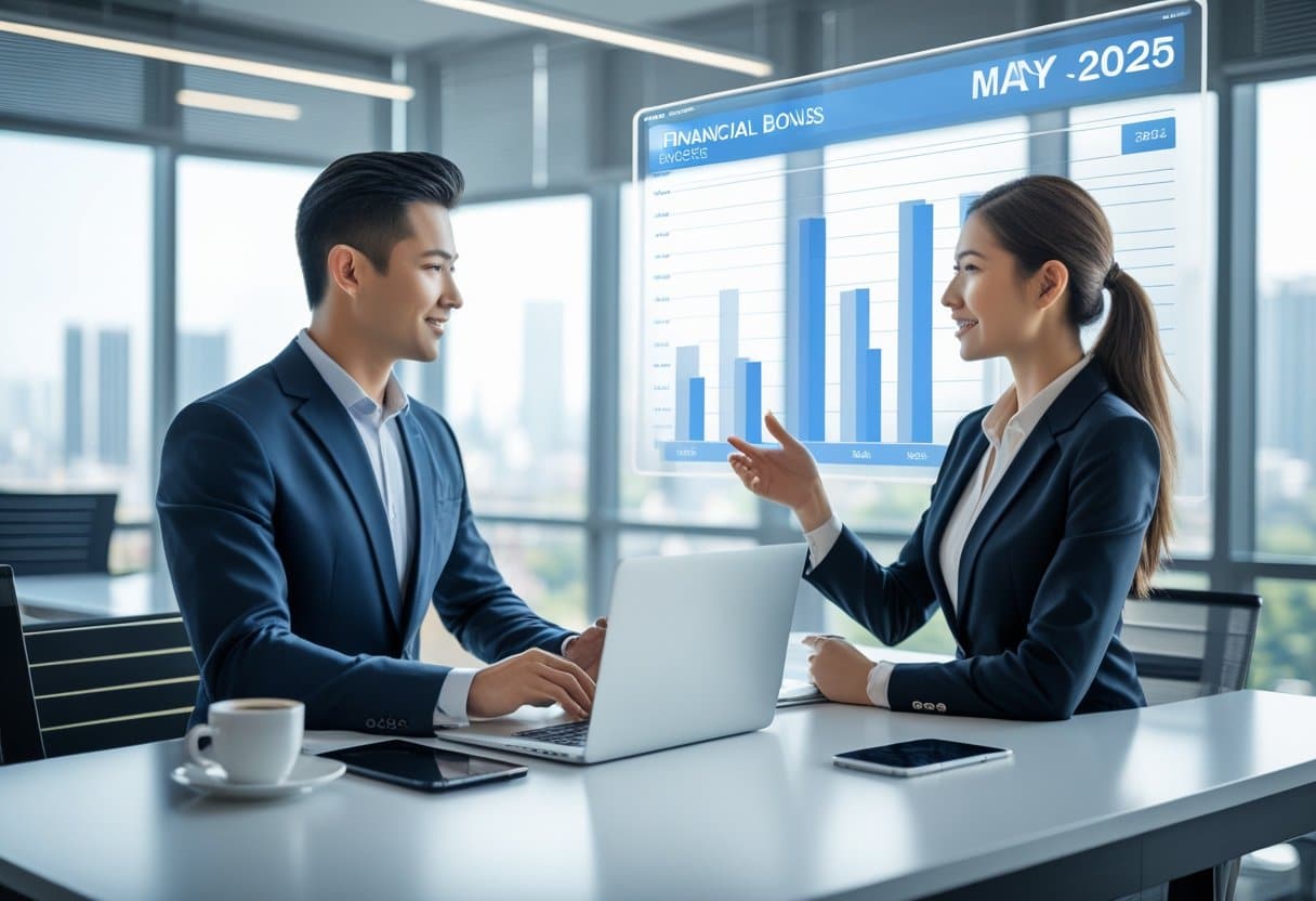 Two business professionals in an office discuss financial data on a screen labeled Financial Bonus Analysis, May 2025. At the table with a laptop and coffee, they review legitimate free offers and real withdrawals as part of their analysis. - Poker Training Videos and Poker Coaching Two business professionals reviewing digital financial charts in a bright office with a city view.