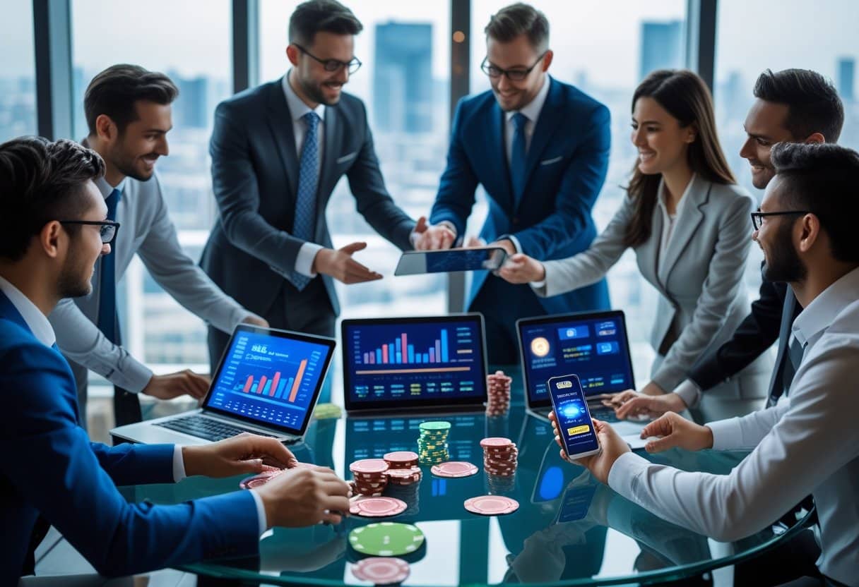 Business professionals in an office discussing financial data with laptops and tablets, surrounded by poker chips and playing cards on the table.