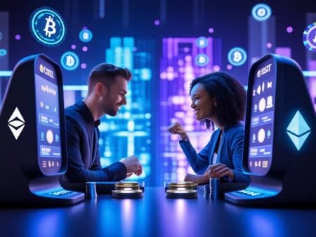 A man and woman sit across from each other at futuristic gaming stations with Bitcoin and Ethereum symbols, smiling as they play in a vibrant, neon-lit Crypto Casino environment inspired by platforms like Rollbit.