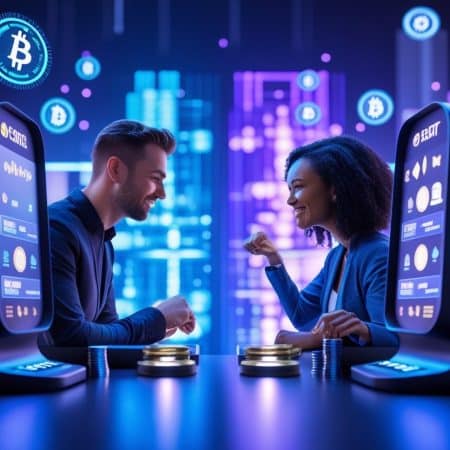 A man and woman sit across from each other at futuristic gaming stations with Bitcoin and Ethereum symbols, smiling as they play in a vibrant, neon-lit Crypto Casino environment inspired by platforms like Rollbit.
