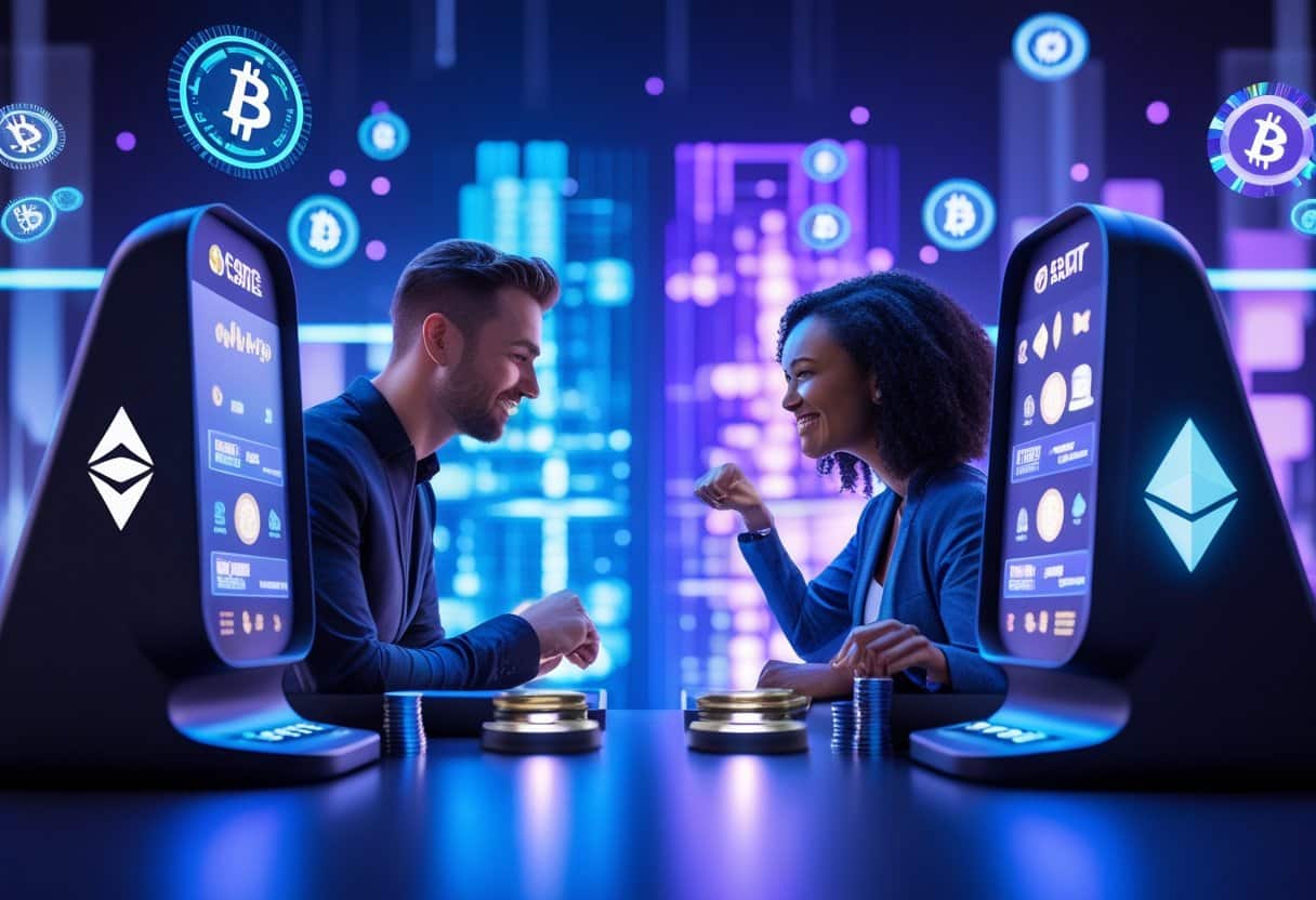 Two people playing on futuristic slot machines in a digital gaming environment with glowing cryptocurrency symbols around them.