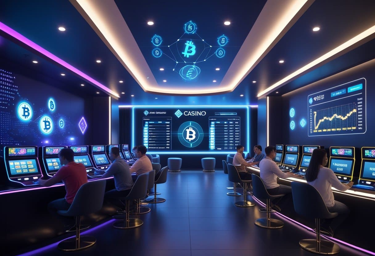 A modern casino setting with two distinct areas featuring digital slot machines, cryptocurrency symbols, and people playing games on laptops and mobile devices.