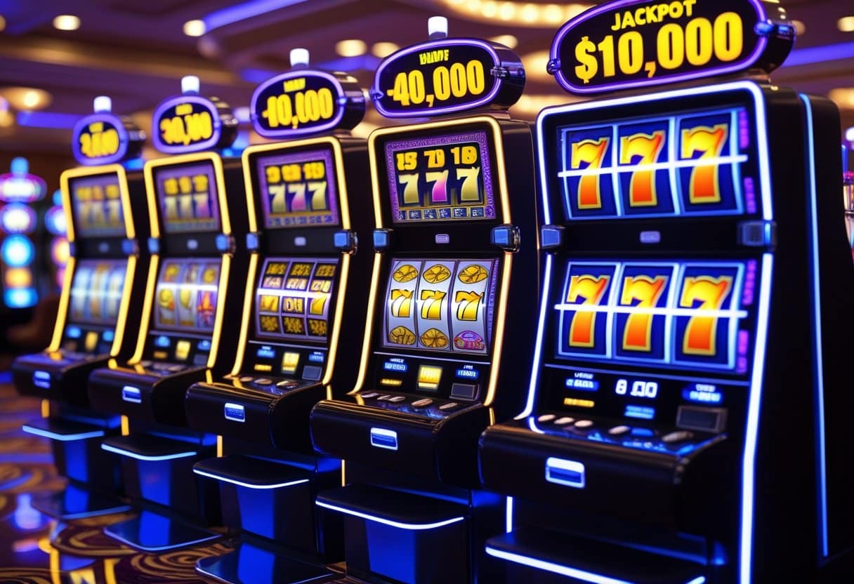 Five modern slot machines with colorful reels and jackpot counters in a casino setting.